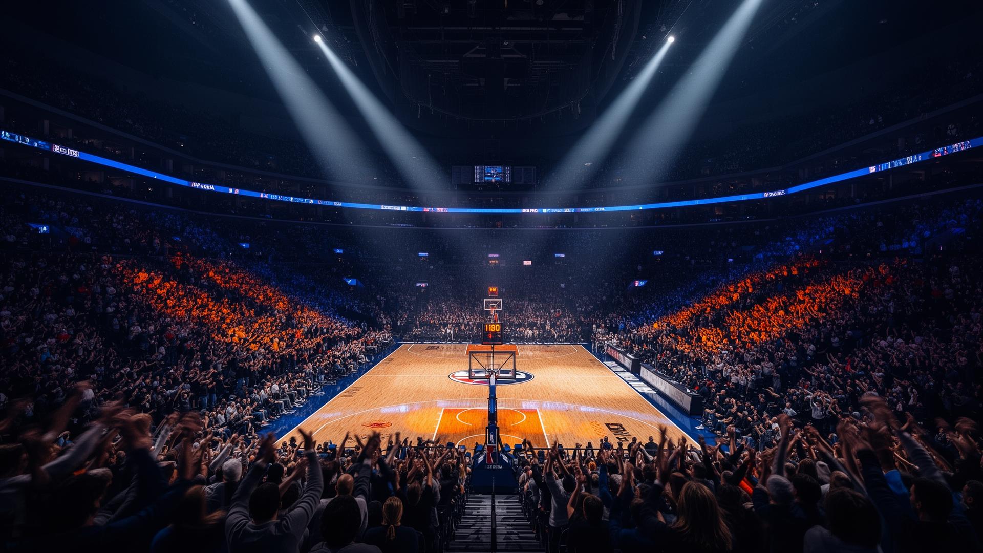 Packed NBA arena with dramatic blue and orange lighting